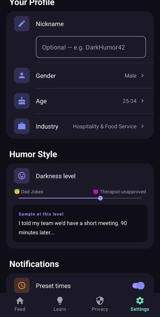 The darkness level slider, from Dad Jokes to Therapist-unapproved, with a live sample joke.