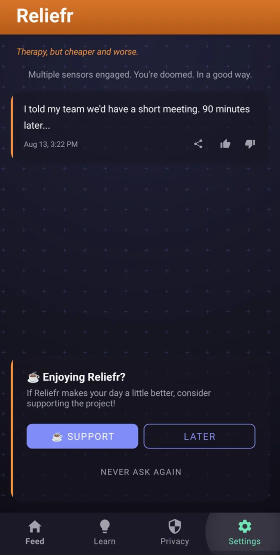 The Reliefr home feed showing a delivered joke card.