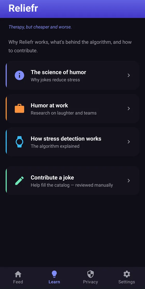 The Learn tab linking to the science, humor at work, stress detection and contribute a joke.